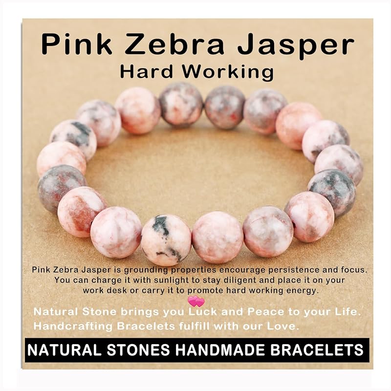 AD Beads Handmade Gemstone Stretch Elastic Bracelet Crystal Healing Reiki Nature's Beauty and Spiritual Essence Unisex (10mm, Pink Zebra Jasper (Hard Working))