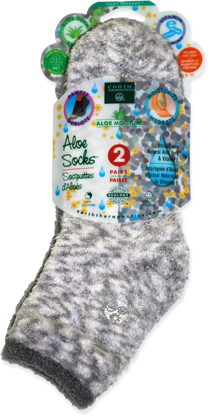 Earth Therapeutics Aloe Socks – Infused w/Aloe Vera & Vitamin E – Helps Dry Feet, Cracked Heels, Calluses – Use with Lotion – Grey/Confetti (2 Pairs)