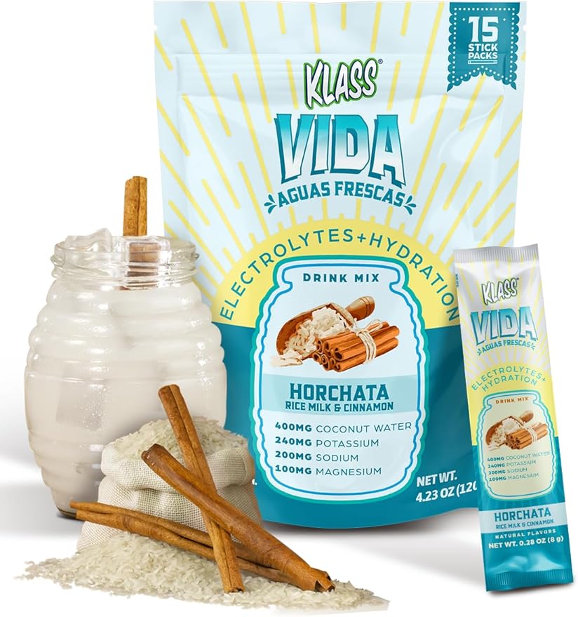 KLASS VIDA Electrolyte Drink Mix – Horchata Agua Fresca Flavor | Sugar-Free Hydration Powder with Coconut Water & Minerals | 15 Single-Serve Stick Packs in Resealable Pouch, Low Calorie
