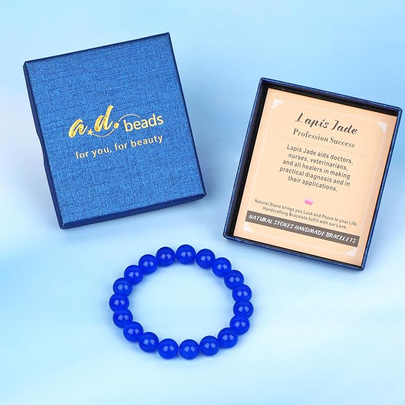 AD Beads Handmade Gemstone Stretch Elastic Bracelet Crystal Healing Reiki Nature's Beauty and Spiritual Essence Unisex (10mm, Blue Lapis Jade (Profession Success))
