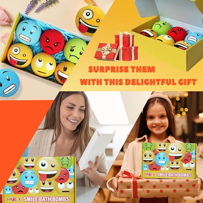 Large Emotion Face Bath Bombs Set of 6 – Fun Emoji-Inspired Spa Fizzies – Handmade with Shea Butter, Cocoa Butter & Essential Oils – Moisturizing Gift Set for Women, Men & Kids