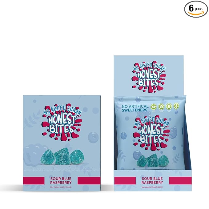 Honest Bites Low Sugar Sour Gummy Candy, Sour Blue Raspberry Flavor - Low Calorie, Keto Friendly, Low Sugar Snack for Diabetics, Zero Carb - 6 Pack