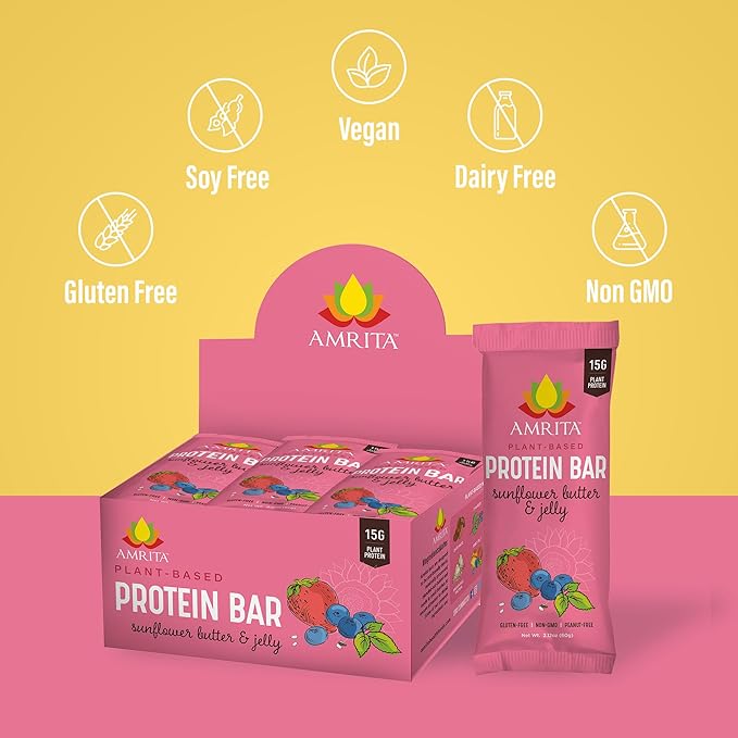 Amrita Nut Free Sunflower Butter & Jelly Vegan Protein Bars ( 12 CT PK of 3 ) | 11g Plant-Based Protein Bar | Peanut Free, Gluten Free, and Dairy Free | Low Sugar, High Fiber, Healthy School-Safe Snacks