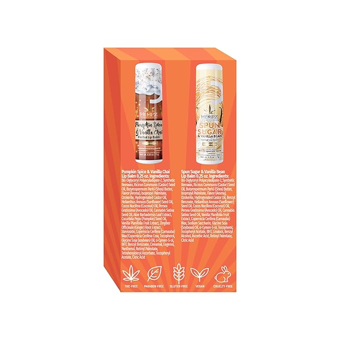 Hempz Limited Edition Fall Nourishing Lip Balm 2-Pack, Pumpkin Spice & Vanilla Chai .25 oz. and Limited Edition Spun Sugar & Vanilla Bean Lip Balm .25 oz