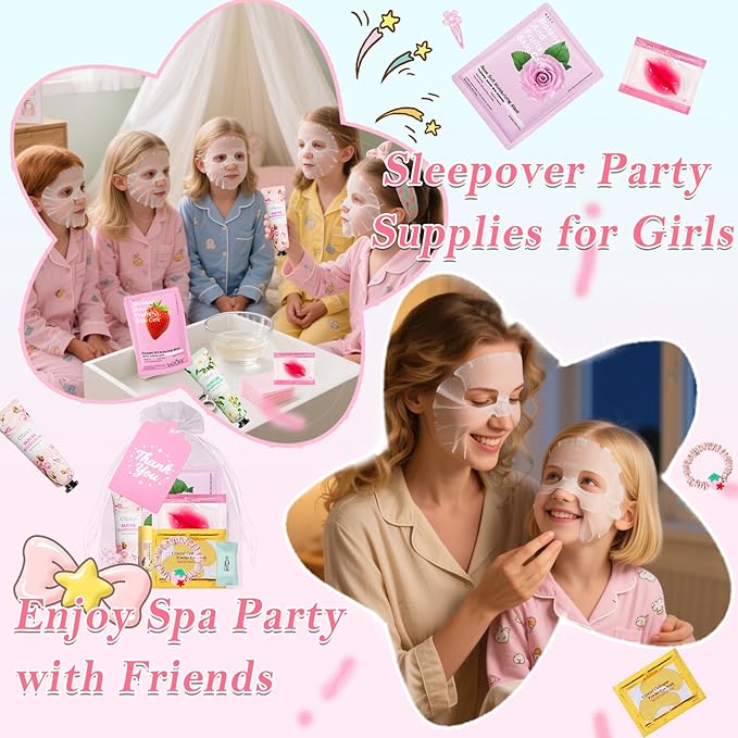 100PCS Spa Party Supplies for Girls,Bachelorette Spa Party Favors Gifts for Teen Girls, Face Masks Skincare,Hand Cream,Lip Balm,Eye Patches,Lip Mask and Hair Band,Spa Birthday Sleepover Party Supplies