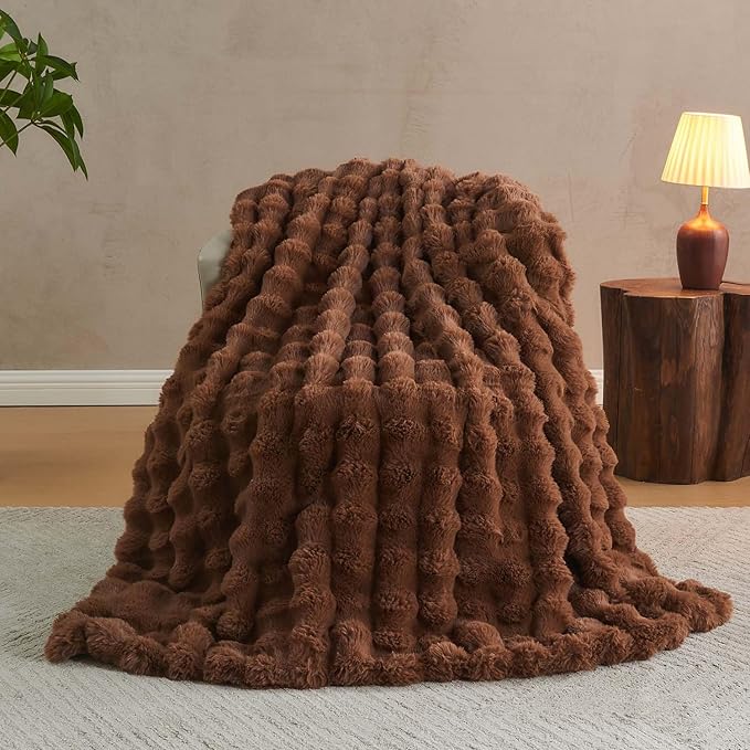 Lotus Karen Faux Fur Throw Blanket Dark Coffee - Big Bubble Rabbit Fluff Blanket for Couch Bed Sofa,Softest Fluffy Fuzzy Cozy Blanket,Thick Furry Plush Shaggy Warm Blankets for Women,50x60 Inches