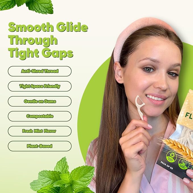 Dental Floss Picks - Straw Wheat Handle Flossers | Thin & Shred-Resistant Thread for Tight Gaps | Flossers for Adults | Gentle on Gums & Teeth | Vegan (100 Pack, Mint)