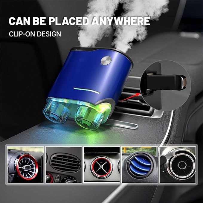 Smart Car Air Fresheners with Dual-Channel Diffuser & 4pcs Essential Oils, Automotive Scent Dispenser Rechargeable Aromatherapy Diffuser Vent Clip for Cars, 3 Adjustable Modes, Long-Lasting Fragrance