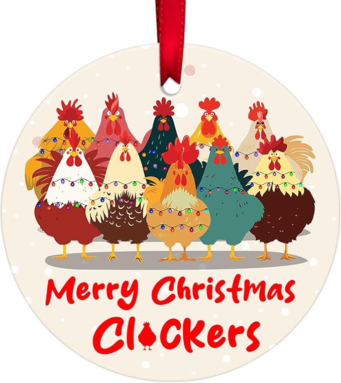 34HD Chicken, Merry Chrismas Ornaments 2025 Ceramic 2-Side Printed, Funny Farm Ornaments for Christmas Tree, Rooster Gifts for Woman Men