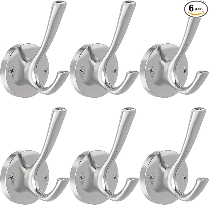 Brushed Nickel Wall Hooks, 6 Pack Coat Robe Hook Heavy Duty Metal Double Bath Hook Wall Mounted, Hand Towel Hooks for Cubicle Bathroom Kitchen Closet Garage