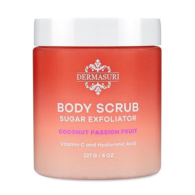 Dermasuri - Exfoliating Sugar Scrub - Body Scrubber for Men & Women - Exfoliates & Removes Dead, Dry Skin for a Soft & Radiant Glow - Deep Hydration - Stocking Gifts for Women - Coconut Passion Fruit