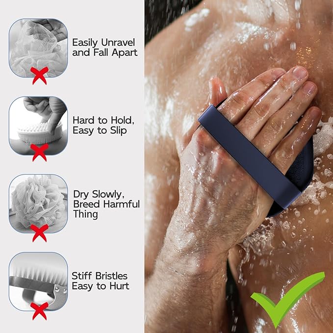 3 PCS Silicone Bath Brush Set,Back Scrubber & Body Brush & Face Brush Set, Super-Exfoliating & Lathering Body Scrubber, Shower Brush, Face Scrubber Combination for HomeBathroom Hotel Travel.(Blue)