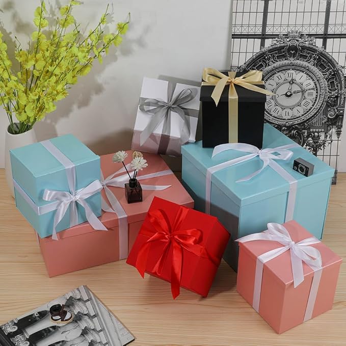 Gift Box with Lid 7x7x7 Inches, Red Gift Boxes for presents Packaging for Birthdays, Valentine's Day, Christmas, Anniversaries (Include Shredded Paper Fill, Envelope Card Ribbon)