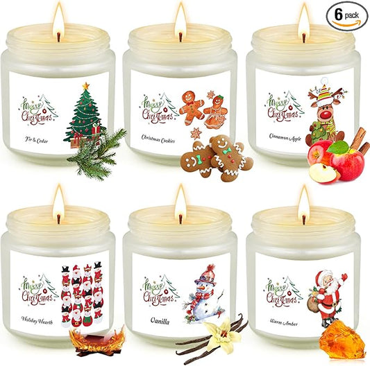 6 Pack Christmas Candles Set, Christmas Candles for Home Scented, Winter Holiday, Natural Soy Wax Jar Aromatherapy Candle Gifts Stocking Stuffers for Women Men Adult