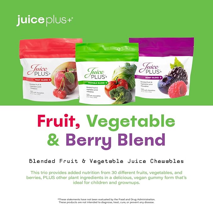 JuicePlus+ Fruit, Vegetable & Berry Blend Soft Chews (Chewables) - 30 Plant-Based Ingredients! Vegan Gummies for Kids & Adults - Gluten-Free, Non-GMO, No HFCS - Prepacked 3 pouches (30 Chews Each)