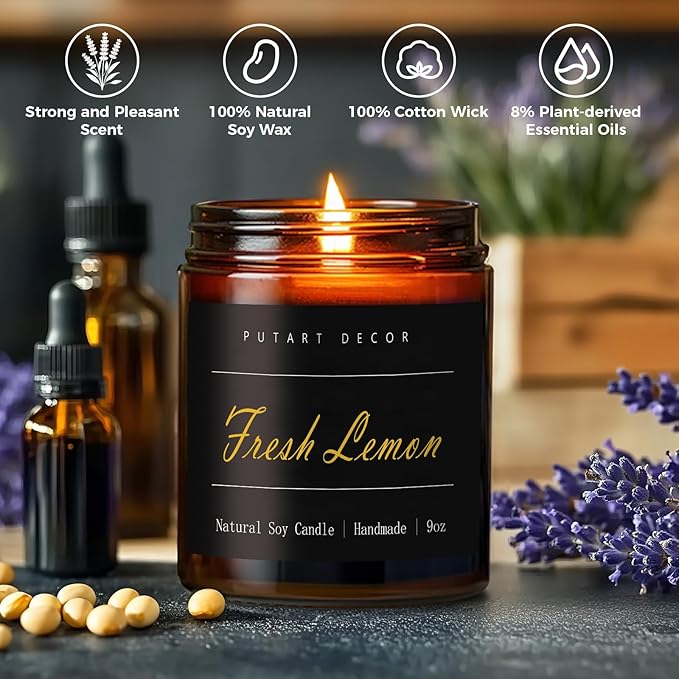 Fresh Lemon Candles for Home Scented, Natural Soy Aromatherapy Non Toxic Candles with Long Lasting Fragrance & Clean Burn, Luxury Jar Candle Gift for Women, Men, Home Decoration 9oz