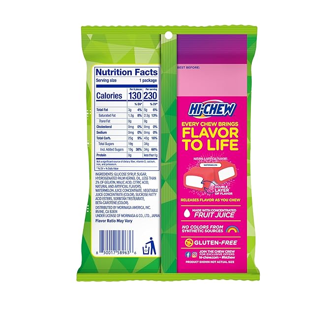 HI-CHEW Sweet & Sour Watermelon, Pack of 12 Mini Bags, 1.94oz each - Unique Fun Soft & Chewy Taffy Halloween Candy - Immensely Juicy Fruit Flavors - Individually Wrapped Halloween Sharing Candy