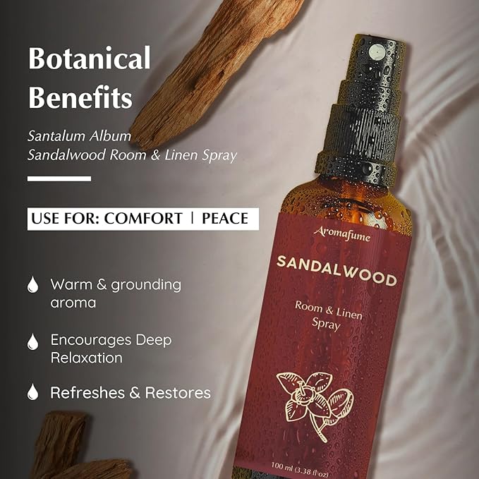 Aromafume Sandalwood Room, Linen & Pillow Spray 100ml/3.38 fl oz | with Pure Sandalwood Essential Oil | Aromatherapy Spray for Relaxation, Sleep & Stress Relief | Mist for Bedding, Fabrics