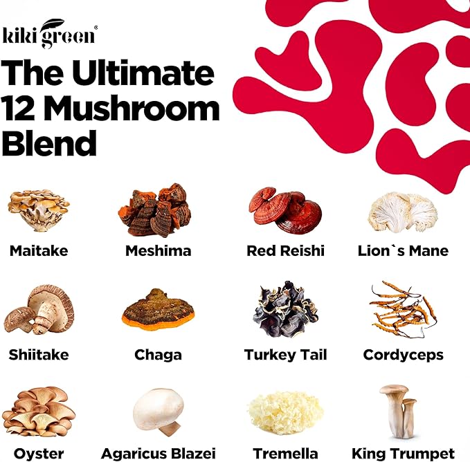 KIKI Green 12 Mushroom Supplement Gummies - Lion's Mane, Cordyceps, Chaga, Reishi, Turkey Tail & 7 More for Memory, Focus, Immunity - 60 Mushroom Gummies for Adults with Raspberry Flavor 10:1 Extract