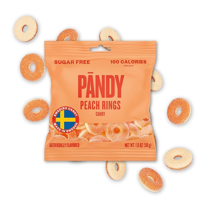 Pandy Swedish Candy Peach Rings Sugar Free Candy 14 Bags. - Swedish Candy Mix - Diet Candy Keto Gummy Low Calorie Snacks - Foam Jelly Sweets No Sugar - Peach flavour Diet Candy Keto Sugar Free Gummy 14 x 1.8oz