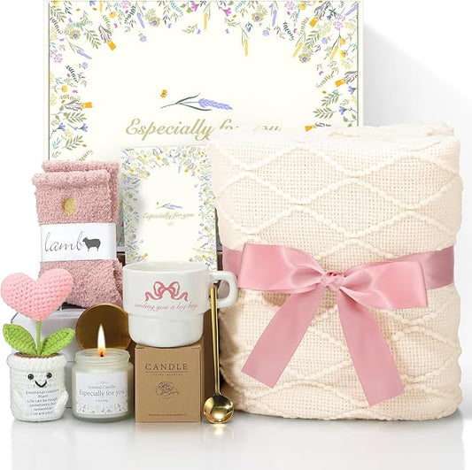 Get Well Gifts for Women Care Package - Surgery Recovery & Chemo Comfort Box, Feel Better Basket for Her After Miscarriage or Illness,Surgery Cancer, Encouraging Self-Care Gift(Pink White)