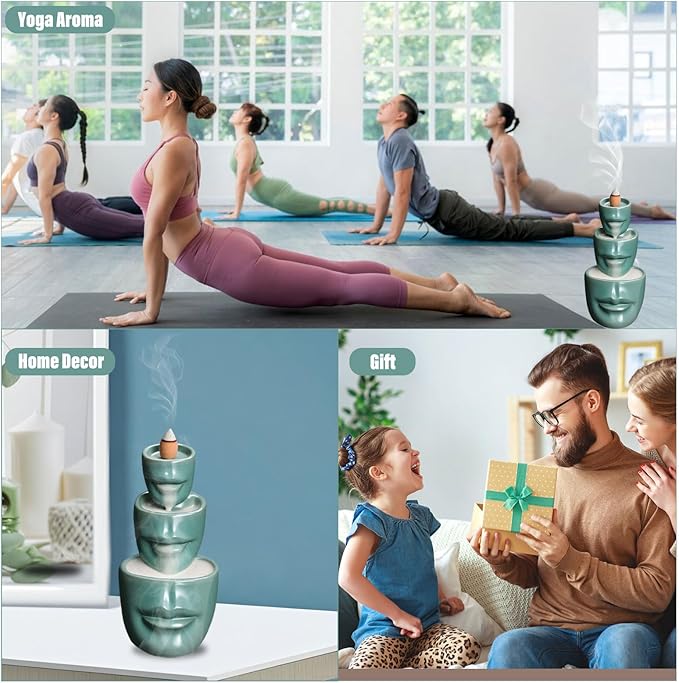 Comeon Backflow Incense Burner Holder, Face Handicraft Decor, Resin Reverse Flow Incense Burner Censer Cone + 20 Backflow Incense Cones 30 Incense Sticks 1 Tweezer 1 Mat (Matte Green)