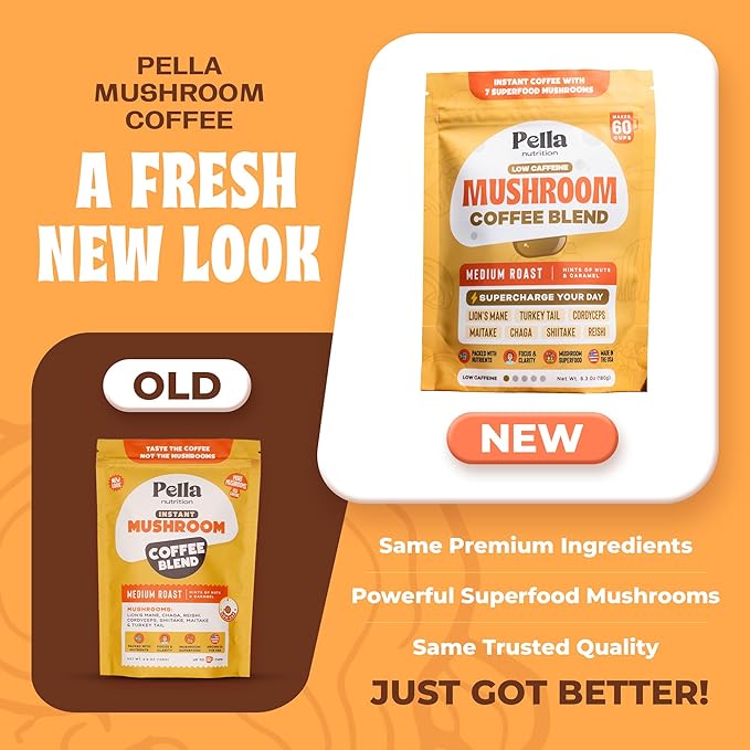 Low-Caffeine Mushroom Coffee (60 Servings) with 7 Superfood Mushrooms, Great Tasting Instant Coffee, Includes Lion's Mane, Reishi, Chaga, Cordyceps, Shiitake, Maitake, and Turkey Tail