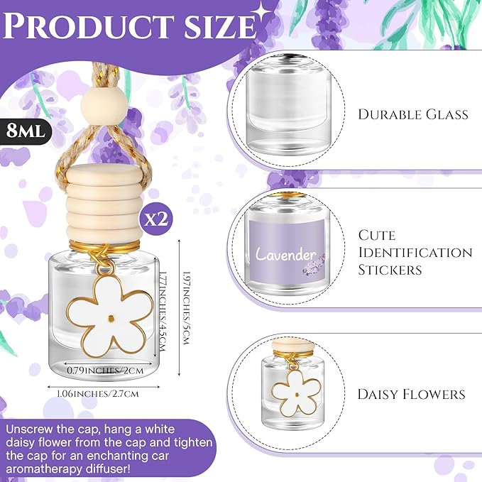 2 Sets Hanging Car Air Freshener and Essential Oil Diffuser, Car Air Freshener Daisy Essential Oil Diffuser Long Lasting Automobile Aromatherapy(White,Lavender)