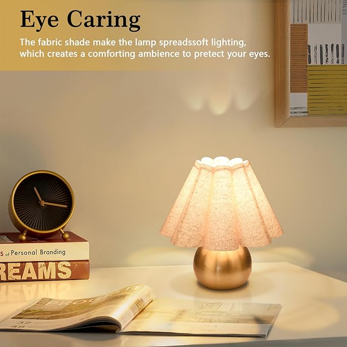 Gold Small Bedside Table Lamp for Bedroom, Brass Gold Bedroom Lamps for Nightstand, Cute Mini Table Lamps for Small Spaces with Scalloped Shade for Kitchen Counter, Bookshelf, Living Room, Kids Dorm