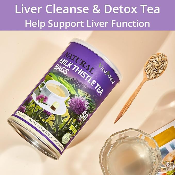 50 Milk Thistle Tea Bags, 3g/Bags, VitalForest Roasted Milk Thistle Seeds Herb Tea, Natural Dried Thistle Tea for Liver Detox Cleanse and Support, Caffeine Free, Non-GMO
