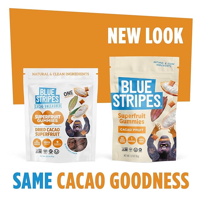 Blue Stripes Cacao Superfruit Gummies - Vegan Chewy Fruity Snack, No Sugar Added 100% Fruit Gummy, 9 Essential Vitamins & Minerals, Natural Tropical Superfood, Use on Granola, Yogurt - 3.2 oz (4 Pack)