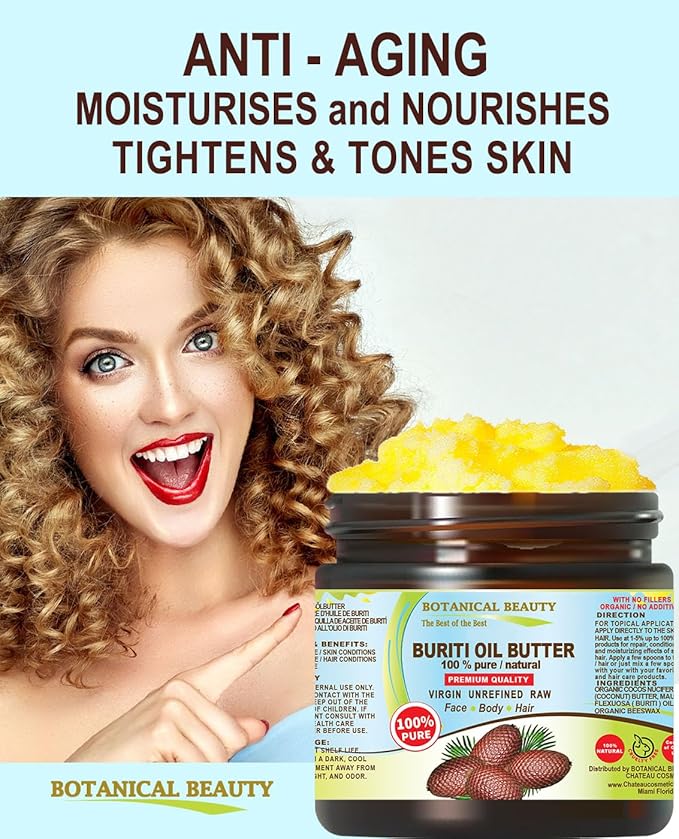 Botanical Beauty BURITI FRUIT OIL BUTTER Pure Natural Virgin Unrefined RAW for FACE, SKIN, BODY, DAMAGED HAIR, NAILS. Natural sources of vitamin C and vitamin E (16 Fl Oz)