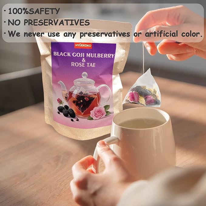 40 Bags Black Goji Mulberry & Rose Tea, Natural Ingredients Chinese Herbal Tea Bags, No Additives, Caffeine-Free Plant-Based Tea Sachets