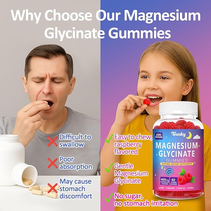Magnesium Glycinate Gummies 400mg - Sugar Free Vegan Gummies for Adults & Kids with Vitamin D3, B6, C, CoQ10, Collagen, Zinc - Sleep, Muscle, Bone & Memory Support - 60 Raspberry Chewables