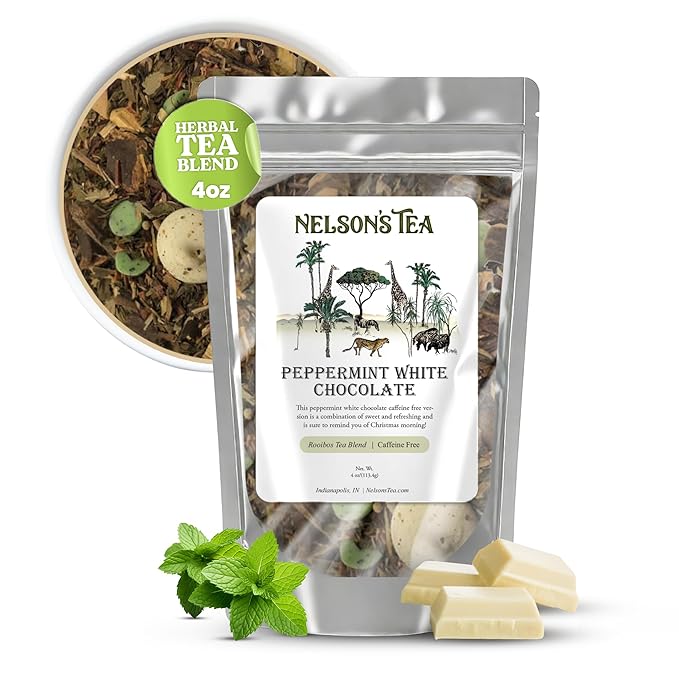Nelson's Tea - Peppermint White Chocolate - Caffeine Free - Loose Leaf Tea with Green & Red Rooibos - White Chocolate Peppermint Tea (4 oz)