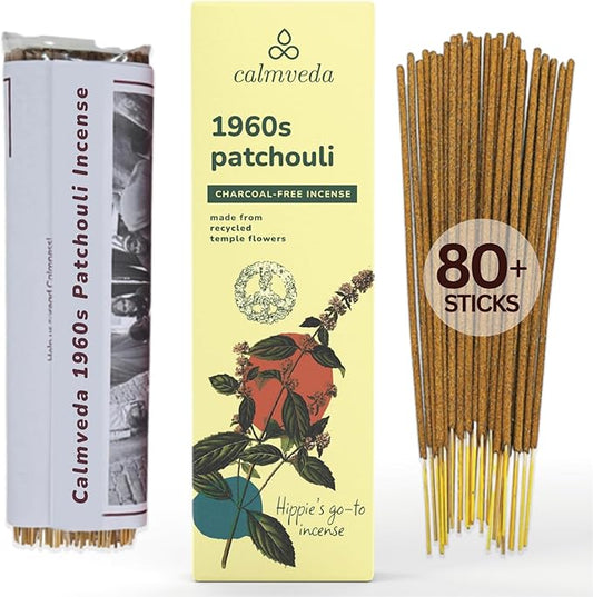 1960s Patchouli Incense Sticks Pack - (80 Sticks) Charcoal Free Incense, Made from Upcycled Flowers | Organic Incense Sticks Non Toxic | Relaxation Pachouli Incense for Calming