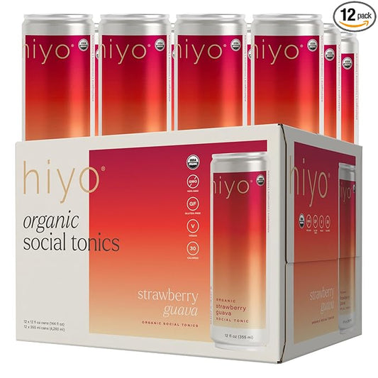 Hiyo Organic Social Tonic - Strawberry Guava, 12 Pack - N.A. Functional Seltzer, Sparkling Water Crafted with Organic Adaptogens, Nootropics & Botanicals