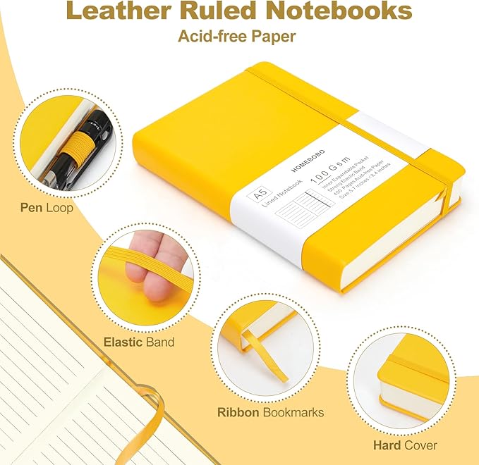 Journals for Writing, A5 Leather Ruled Notebook with 400 Pages, 100 Gms College Ruled Journal with Thick Paper, Hardcover with Inner Pocket & Pen Holder, Black