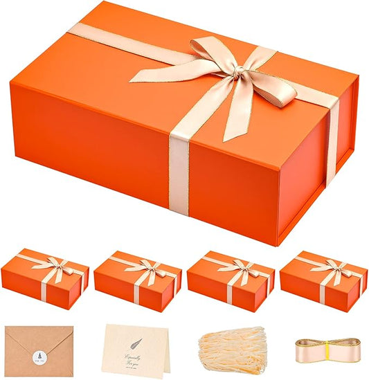 LIFELUM Gift Boxes 13.85 x 8.35 x 4.45 inch 5 Pack Gift Boxes with Lids Contains Card, Ribbon, Shredded Paper Filler (Orange)