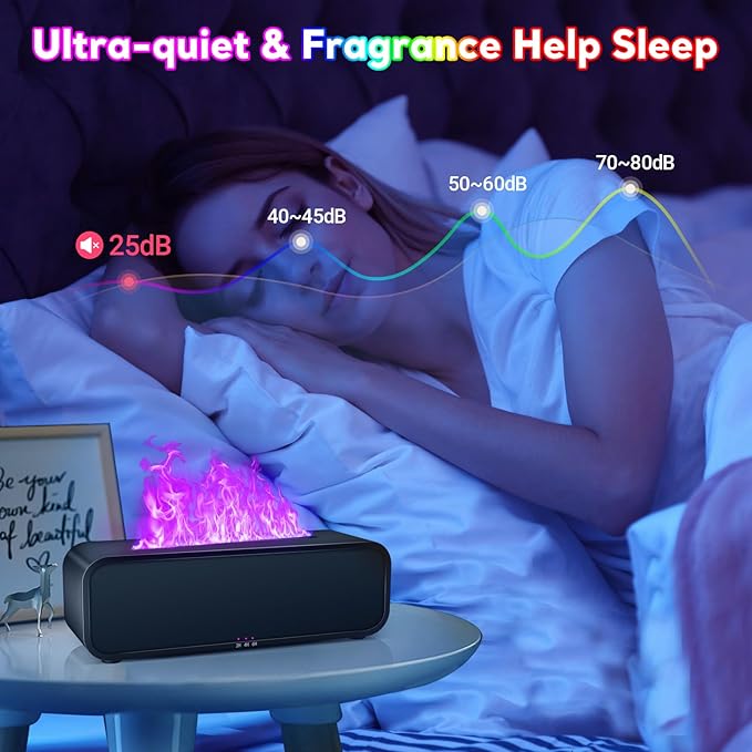 Eseential Oil Diffuser, 250ml Flame Oil Diffuser - Aromatherapy Humidifier, Sound Activated Flame Effect, Rainbow Flame, Music Sync, Remote Control - Perfect for Bedroom Home Office Yoga (Black)