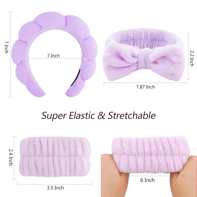 VELSCRUN 6 Pack Spa Headband, Makeup Headband, Face Wash Headbands, Skincare Headbands, Purple Sponge Hair Band Bow Tie Spa Head Band for Washing Face Wristband Set Hair Accessories for Women Gifts