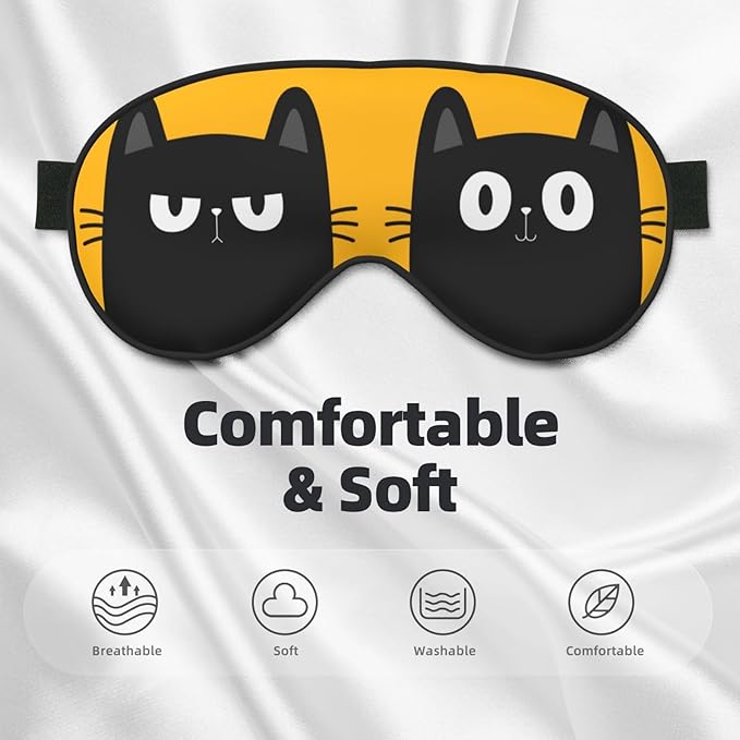 Black Cat with Big Eyes Sleep Mask, Soft Comfort Eye Shade, Adjustable, Breathable, Skin Friendly, Blocks Light, Perfect for Travel, Home, Airplanes, Trains or Anywhere