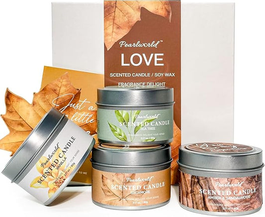 Scented Candles for Women, 4 Pack Candle Set Gifts for Women - Sycamore, Vanilla, Tea Tree, Amber Amber & Sandalwood Scented, Gift Sets for Mom