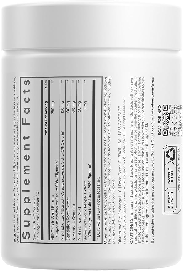 Codeage Liposomal Milk Thistle+ Supplement - Silymarin from Silybum Marianum, NAC, Artichoke Leaf, Dandelion Root, Alpha Lipoic Acid, BioPerine, Liposomal Delivery - Non-GMO - 60 Capsules
