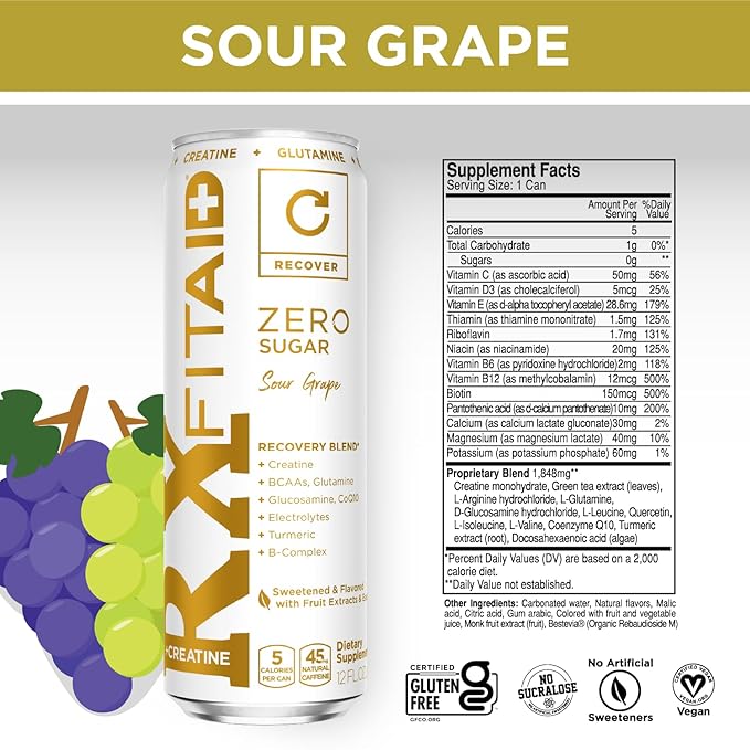 FITAID Rx Zero, Keto-Friendly, Number 1 Post-Workout Recovery Drink, 0g Sugar, Quercetin, Creatine, BCAAs, Green Tea, 5 Calories, 12 Fl Oz (Pack of 12)