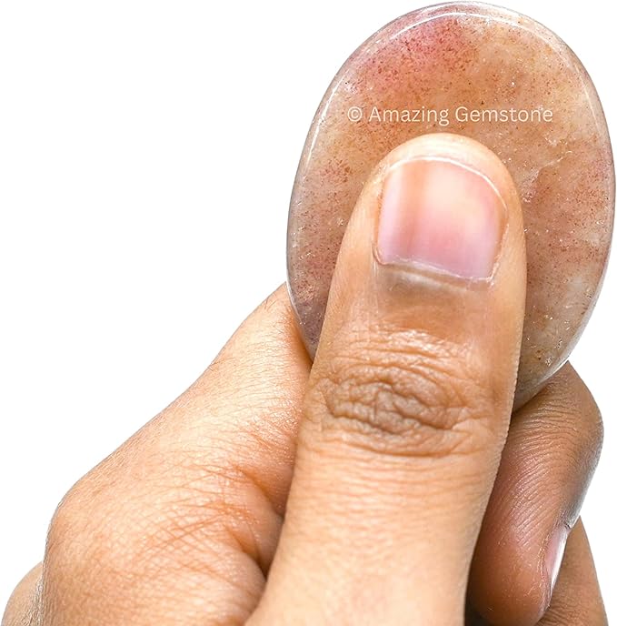 Amazing Gemstone Strawberry Quartz Worry Stone, Healing Crystals - Piedra Crystal Fidget for Gift, Meditation, Calming, Relaxation, Stress Relief