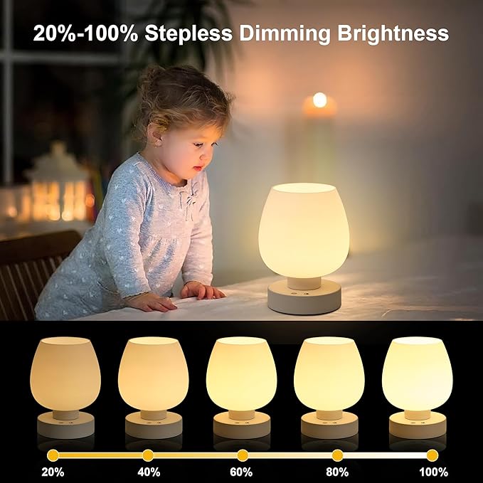 Cordless Touch Bedside Table Lamp set of 2 - Rechargeable Modern Small Table Lamp with White Glass Lamp Shade, Stepless Dimmable & 8 RGB Colors & Memory, Desk Lamp for Nursery Bedroom Nightstand
