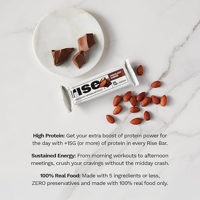 Rise Whey Protein Bars - Chocolatey Almond | Breakfast Bar & Protein Snack 15g Protein 5g Fiber Just 4 Whole Food Ingredients Gluten-Free Soy Free
