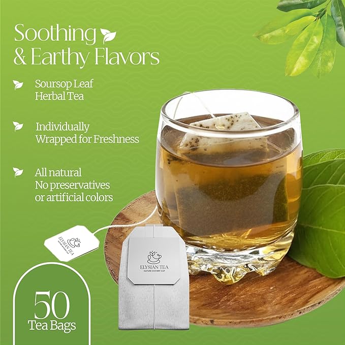 50 PACK Soursop Leaves Tea Bags – Individual Wrapped Tea Bags – All Natural Herbal Tea | Caffeine Free | No Preservatives, No Sugar - Rich In Antioxidants