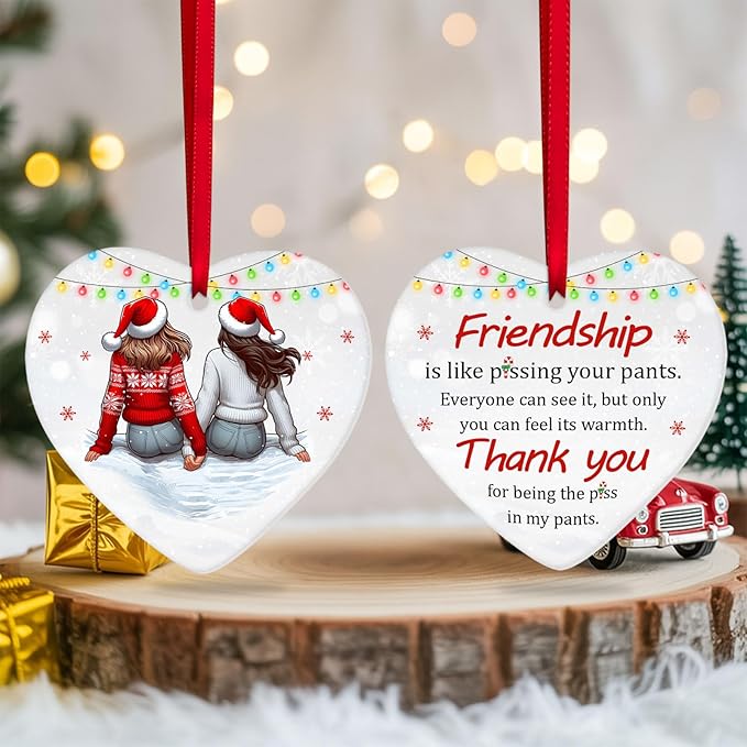 34HD Gifts for Christmas, Best Friends Christmas Ornament Heart-Shaped Ceramic 2-Side Printed, Gifts for Best Friends, Besties, Sisters, Christmas Decorations
